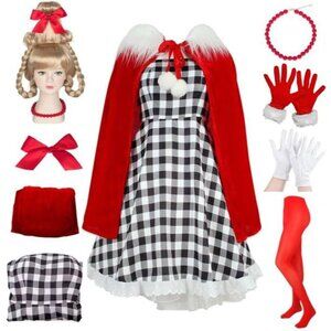Women Cindy Lou Costume 8PCS Houndstooth Dress Wig Cape Accessories